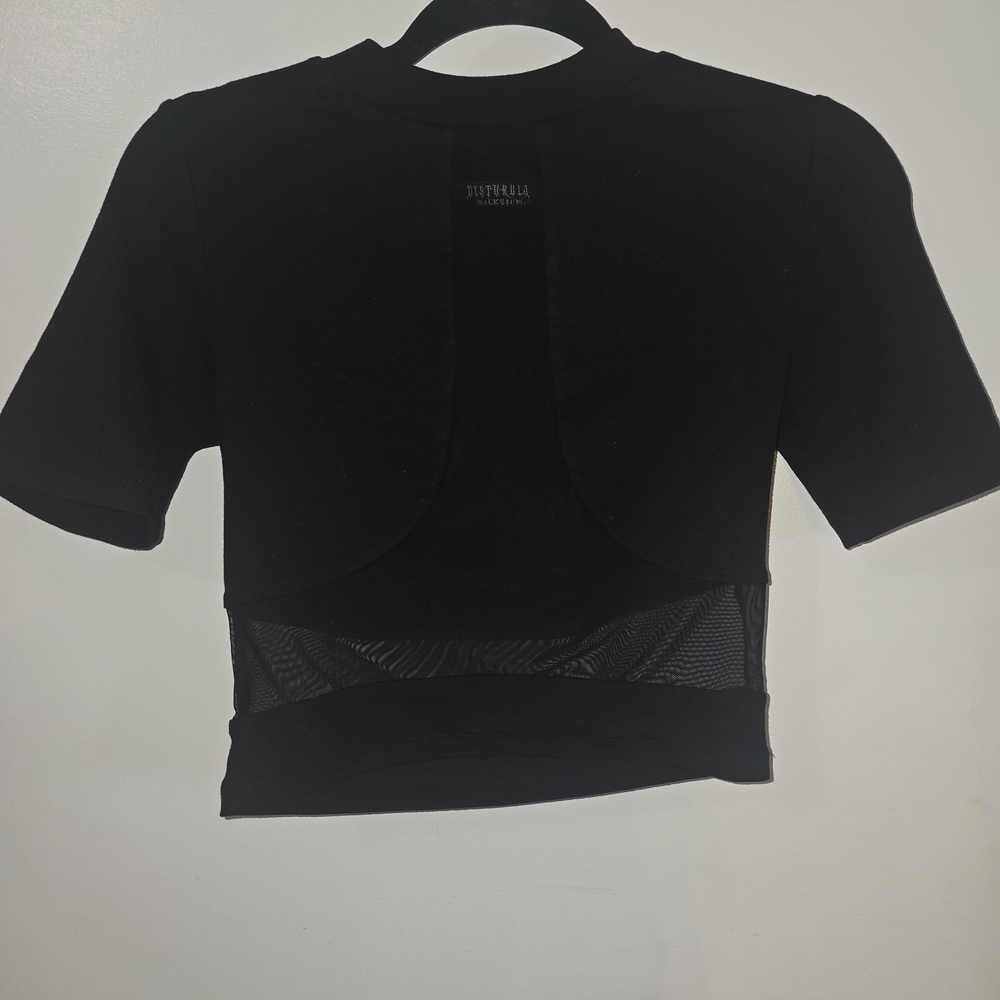 Disturbia Black Short Sleeve Crop Top with Mesh Waist